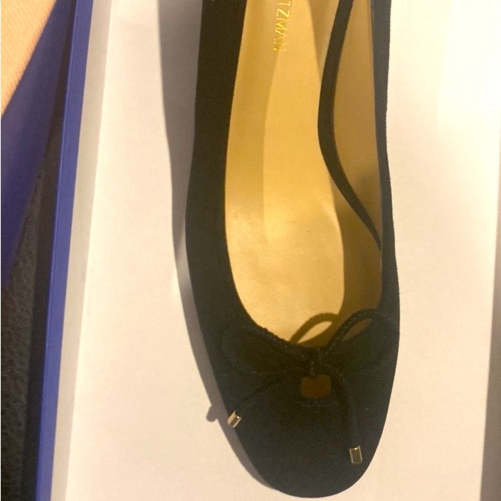 Black suede dress shoe with low heel. And bow to top it off!